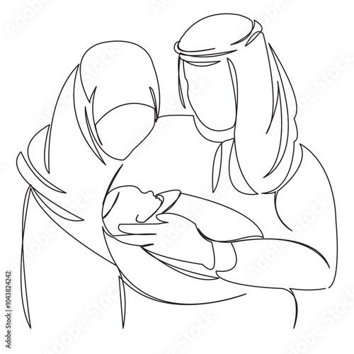 One continuous single drawing line art doodle family, male, muslim, people, couple, father, hand. Isolated flat illustration hand draw contour on a white background
