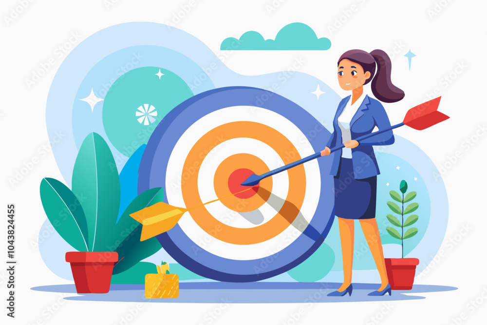 Businesswoman aiming for the target with a bow and arrow, representing goal setting, precision, and achieving business objectives with a strategic mindset. Businesswoman aiming for the target with a bow and arrow, representing goal setting, precision, and achieving business objectives with a strategic mindset.