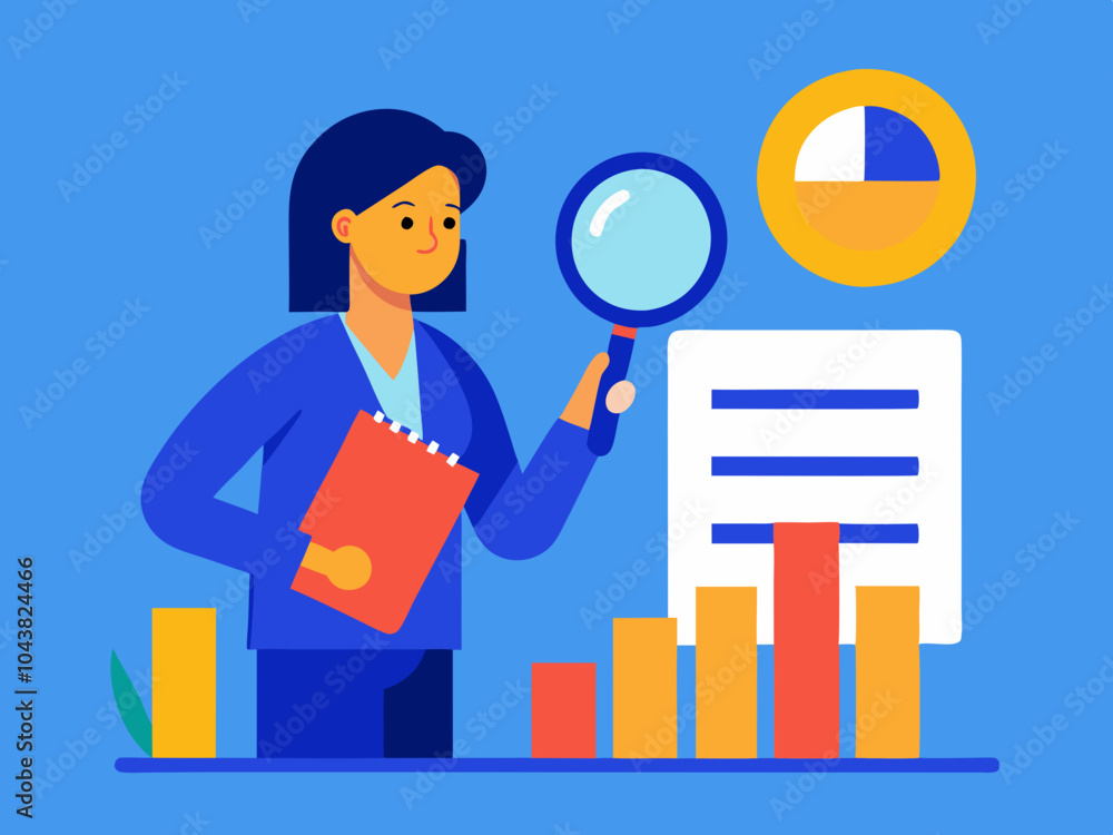 Woman examining business reports with magnifying glass, focusing on data analysis, strategy planning, and ensuring corporate success through careful research. Woman examining business reports with magnifying glass, focusing on data analysis, strategy planning, and ensuring corporate success through careful research.