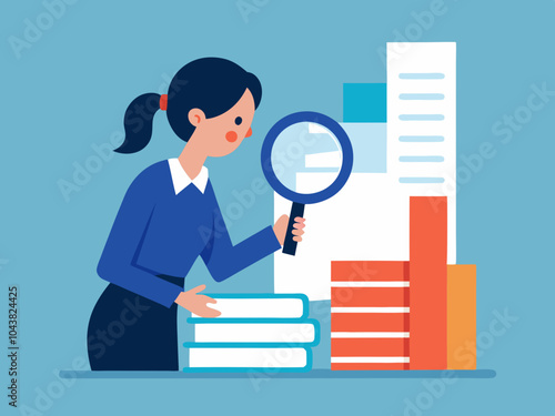 Woman analyzing documents with magnifying glass, representing careful business research, analytics, and decision-making processes for strategic growth.