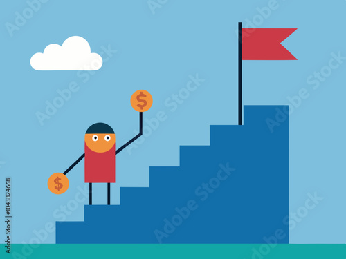 Businesswoman reaching financial success by climbing a staircase, symbolizing career growth, leadership, and strategic financial planning.