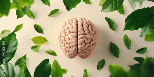 A calming of a human brain surrounded by gentle floating leaves, placed on a beige background