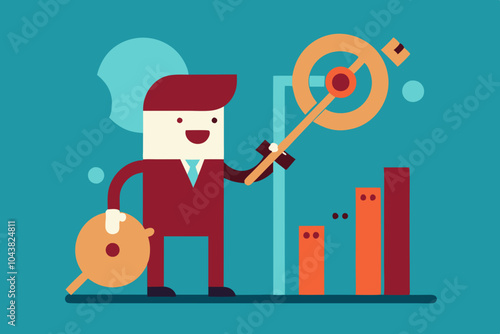 Businessman holding key and aiming at target, representing strategic planning, unlocking business success, and achieving corporate goals with leadership.