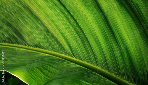  Close-Up of a Lush Tropical Leaf's Intricate Vein Structure Showcasing Symmetrical Patterns and Vivid Green Textures. Ideal for Botanical Studies, Organic Design, and Eco Inspired Visual Projects. photo