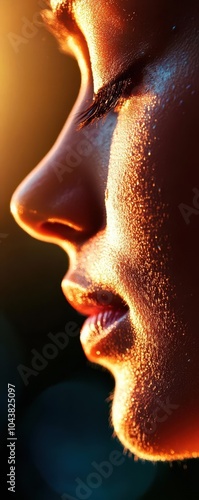 A soothing close-up of a woman's face with eyes closed in meditation photo