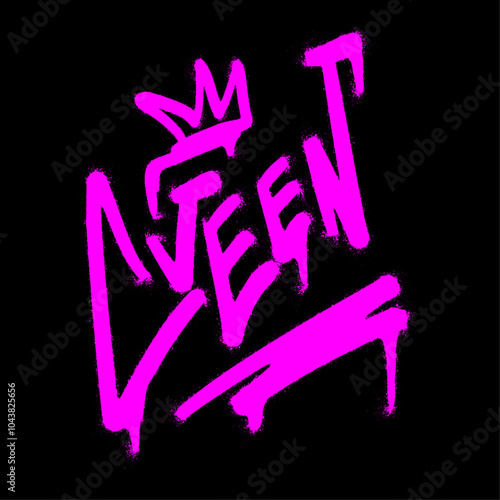 Street graffiti painted with a spray can. Vector lettering of the word Queen with the texture of drips and splashes of neon color.