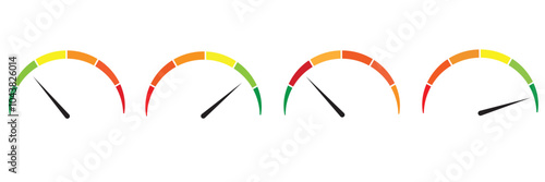 risk concept on speedometer, set of gauges from low to high