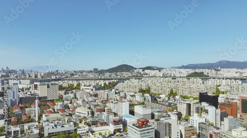 Drone View of Seoul city in South Korea, Apgujeong Rodeo, Summer 60fps photo