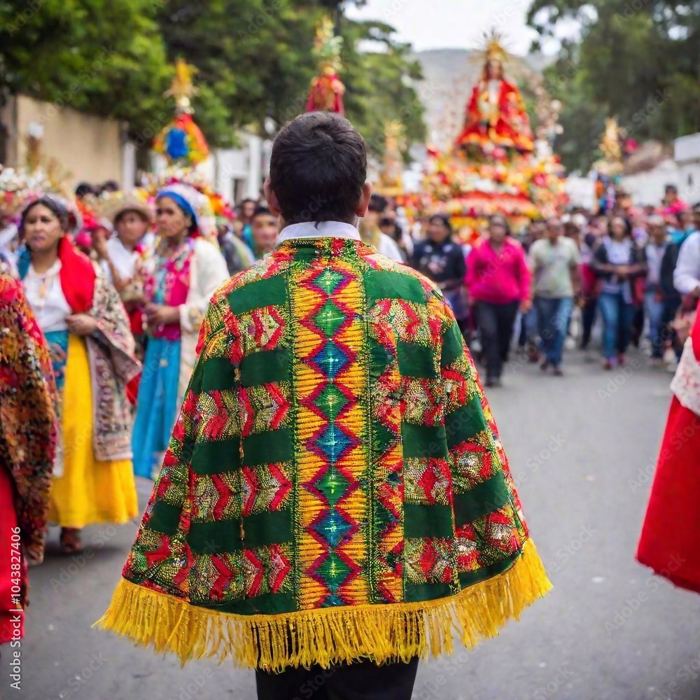 Obraz premium An eye-level shot of a diverse group of pilgrims walking together in a religious procession, with the Virgin of Guadalupe depicted in the distance. Macro details reveal the textures of their clothing