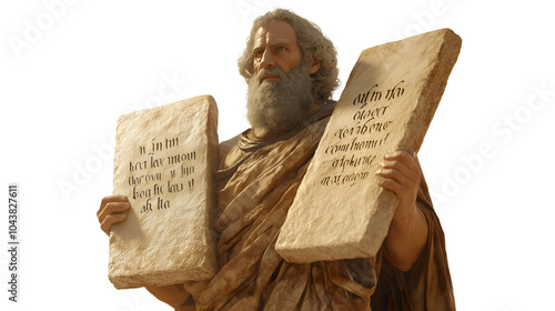 Moses holding the tablets of the Ten Commandments, depicted with a wise and determined expression, surrounded by a dramatic backdrop, symbolizing law and guidance.