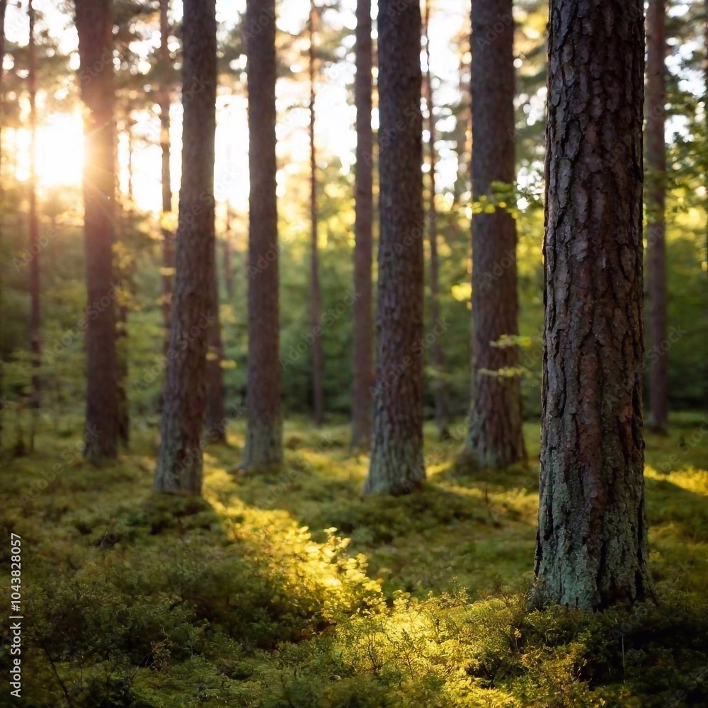 medium shot of a tranquil forest clearing bathed in soft evening light. The photo captures the delicate details of the forest floor, small plants, and sunlight filtering through the tall trees medium shot of a tranquil forest clearing bathed in soft evening light. The photo captures the delicate details of the forest floor, small plants, and sunlight filtering through the tall trees
