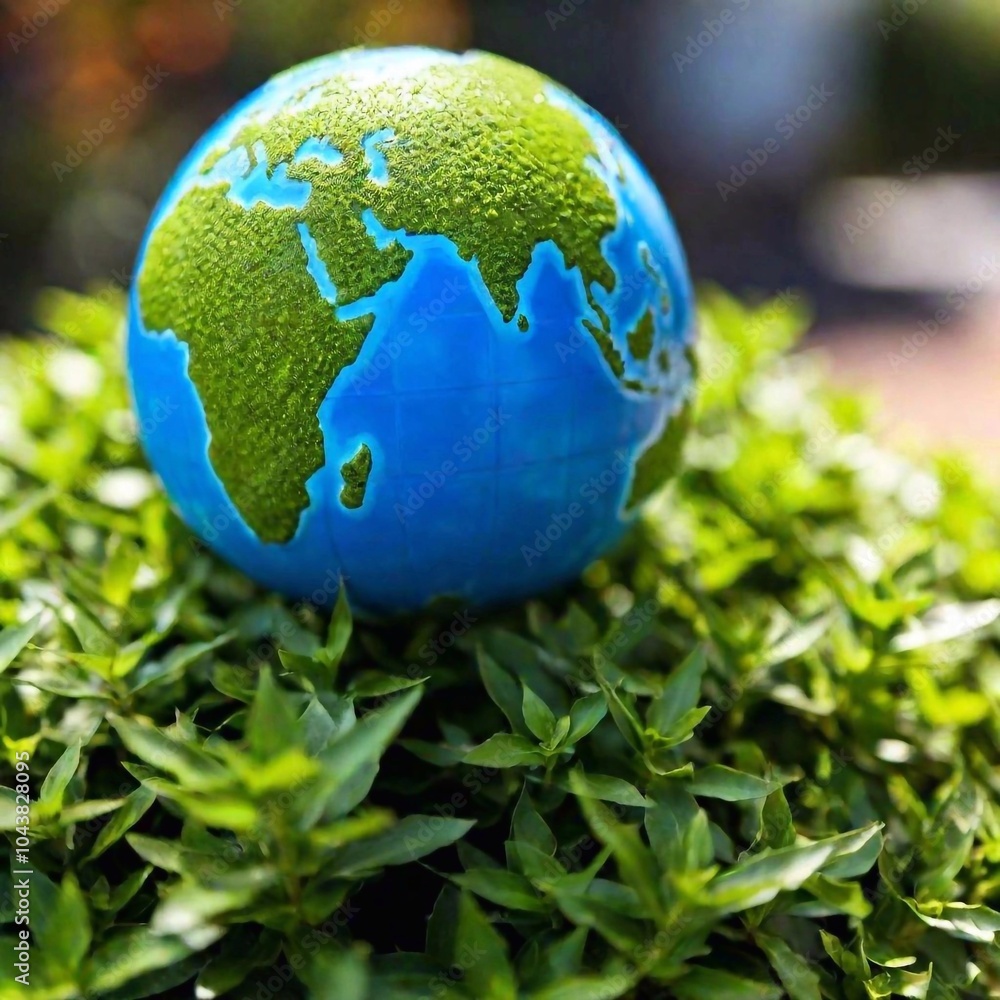 extreme macro shot of a handmade Earth Day ornament featuring a globe with green grass surrounded by green leaves, with the globe in sharp focus and the surrounding leaves softly fading into the extreme macro shot of a handmade Earth Day ornament featuring a globe with green grass surrounded by green leaves, with the globe in sharp focus and the surrounding leaves softly fading into the