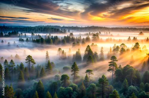 Sunrise over misty forest with sun rays