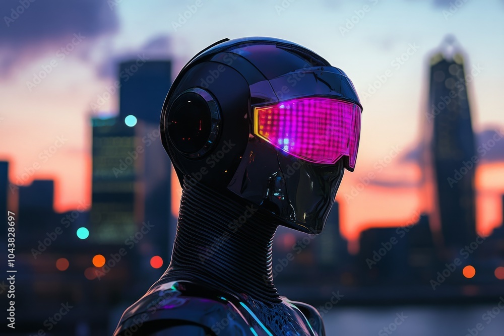 A futuristic robot in a vibrant cityscape during sunset. The stylish design features glowing elements and a sleek silhouette. Technology meets art in this stunning scene. Generative AI A futuristic robot in a vibrant cityscape during sunset. The stylish design features glowing elements and a sleek silhouette. Technology meets art in this stunning scene. Generative AI