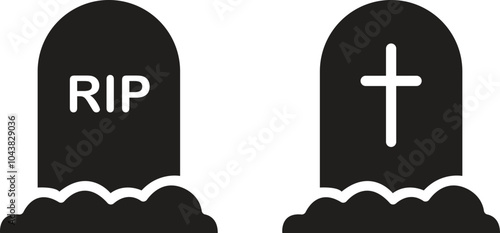 Grave tombstone flat icons Set. Gravestone memorial illustration. Cemetery symbols. Dead pictogram. Halloween tomb signs. Burial headstone monument. Death concepts isolated on transparent background.