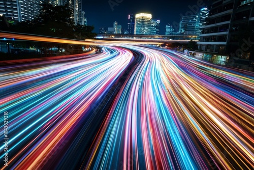 An urban smart city is outlined in a glowing light trail surrounding the city. Big data connections are seen along the light trail.