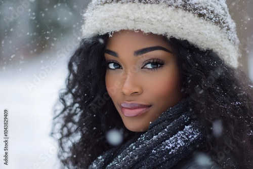 winter close-up portrait of the beautiful black woman with snow and snowflakes around and with scarf and knitted hat, cold weather