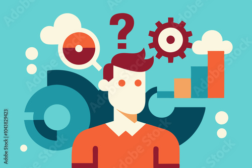 Business creativity and decision-making concept featuring a professional navigating gears and question marks, symbolizing problem-solving, innovation, and strategic thinking in corporate settings.