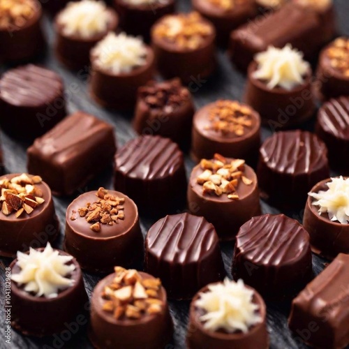 A close-up from above of an assortment of chocolate truffles with various toppings, with the truffles in sharp focus and the background softly blurred, capturing the luxurious and varied textures