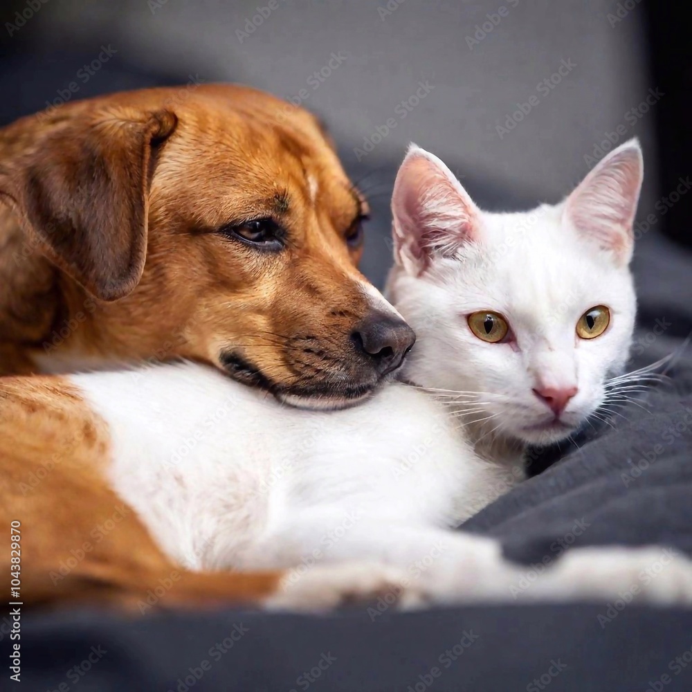 A close-up photo of a dog and cat snuggling together, deep focus, eye-level shot capturing their fur and the warmth of their interaction, providing a cozy and detailed portrait A close-up photo of a dog and cat snuggling together, deep focus, eye-level shot capturing their fur and the warmth of their interaction, providing a cozy and detailed portrait