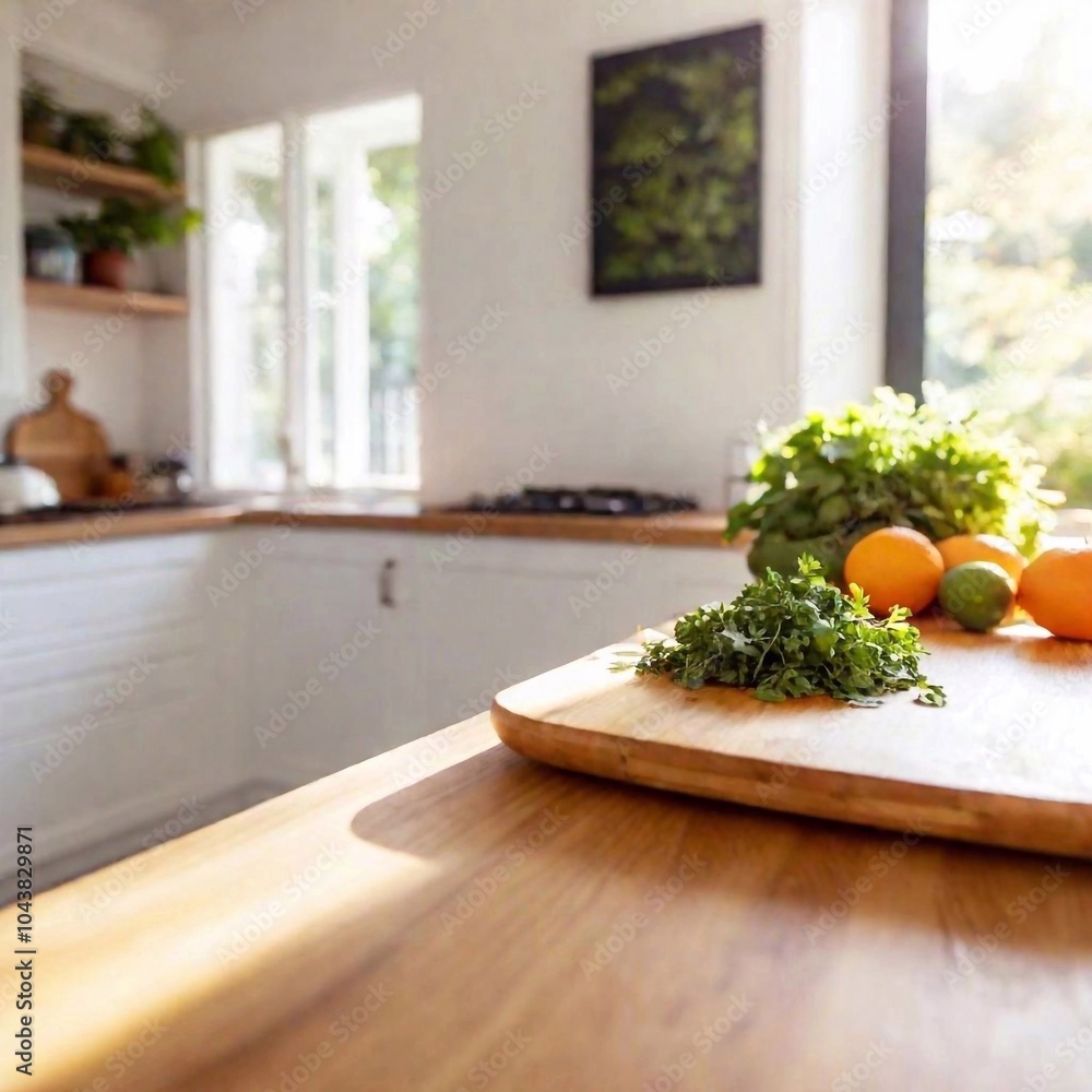Long Shot of a Bright, Sunlit Kitchen with Fresh Ingredients: A low-angle photo of a bright kitchen bathed in natural sunlight, with fresh ingredients on the counter. Shallow focus emphasizes the Long Shot of a Bright, Sunlit Kitchen with Fresh Ingredients: A low-angle photo of a bright kitchen bathed in natural sunlight, with fresh ingredients on the counter. Shallow focus emphasizes the