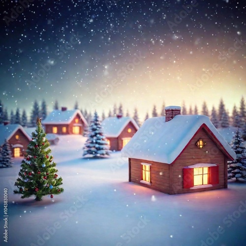 An extreme wide shot of a snowy Christmas village on Christmas Eve, with glowing windows, festive decorations, and gently falling snow, in digital art with shallow focus and eye level shot