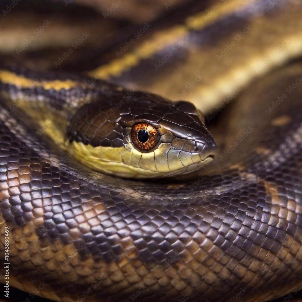 close-up extreme macro of a snake eye, with the pupil and surrounding scales in sharp focus, while the rest of the snake's head and background gradually blur out, creating a sense of intense