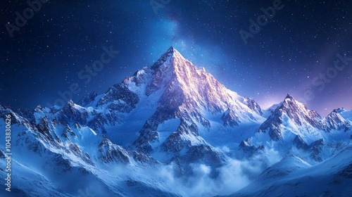 A mountain range covered in snow with a bright star in the sky