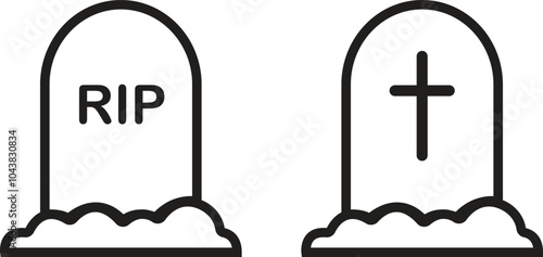 Grave tombstone linear icons Set. Gravestone memorial illustration. Cemetery symbols. Dead pictogram. Halloween tomb signs. Burial headstone monument. Death concept isolated on transparent background.