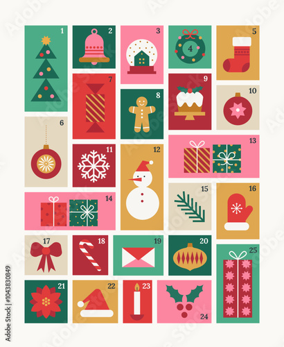 Merry Christmas advent calendar with geometric icons. Modern minimalist holiday stickers. Candy cane, Santa, Christmas tree, holly, gifts. Xmas poster, banner, card. Vector flat illustration.