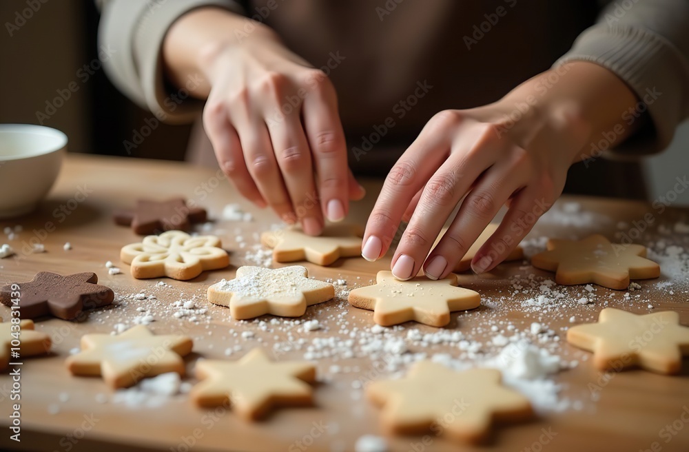 Close-up of woman's hands making cookies from New Year's molds. Against the background of a rustic kitchen. Flickering garlands against the background of the Christmas tree. Cookies in the shape of Ch Close-up of woman's hands making cookies from New Year's molds. Against the background of a rustic kitchen. Flickering garlands against the background of the Christmas tree. Cookies in the shape of Ch