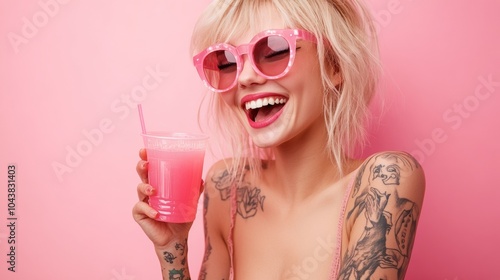 beautiful young woman with tattoos with a drink on pink background