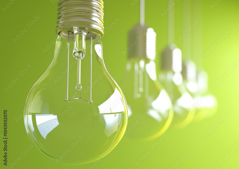 3D illustration showing hanging light bulbs on a green background. Evolution of incandescent to LED lamps. 3D illustration showing hanging light bulbs on a green background. Evolution of incandescent to LED lamps.