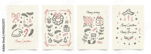 Hand drawn Merry Christmas vintage card set. Xmas design with Christmas tree, bows and ribbons, gifts, toys and stars, snowflakes. Minimalist posters in cute doodle style. Perfect for cover, banner.