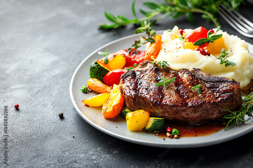 Delicious grilled steak with mashed potatoes and colorful vegetables a culinary delight on a plate Delicious grilled steak with mashed potatoes and colorful vegetables a culinary delight on a plate