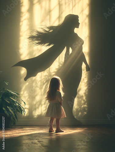 A little girl standing in a dimly lit room with a large shadow cast dramatically on the wall behind her, creating a mysterious and imaginative atmosphere through the blend of light and shadow. photo