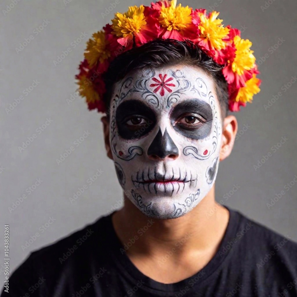 close-up shot of a young Latino man with ornate sugar skull face paint, taken at eye level with shallow focus, highlighting the intricate designs against his skin close-up shot of a young Latino man with ornate sugar skull face paint, taken at eye level with shallow focus, highlighting the intricate designs against his skin