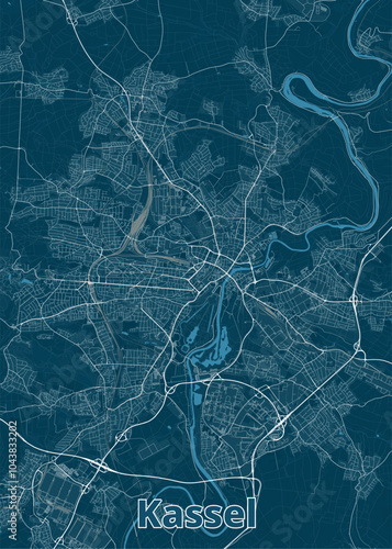 A detailed map of Kassel, Germany, rendered in a minimalist style. The map features a deep blue background with white lines representing roads and waterways.