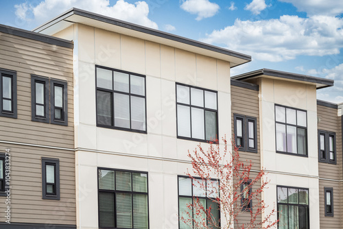 New Modern Apartment Buildings in Vancouver BC. Canadian modern residential architecture with walkway.