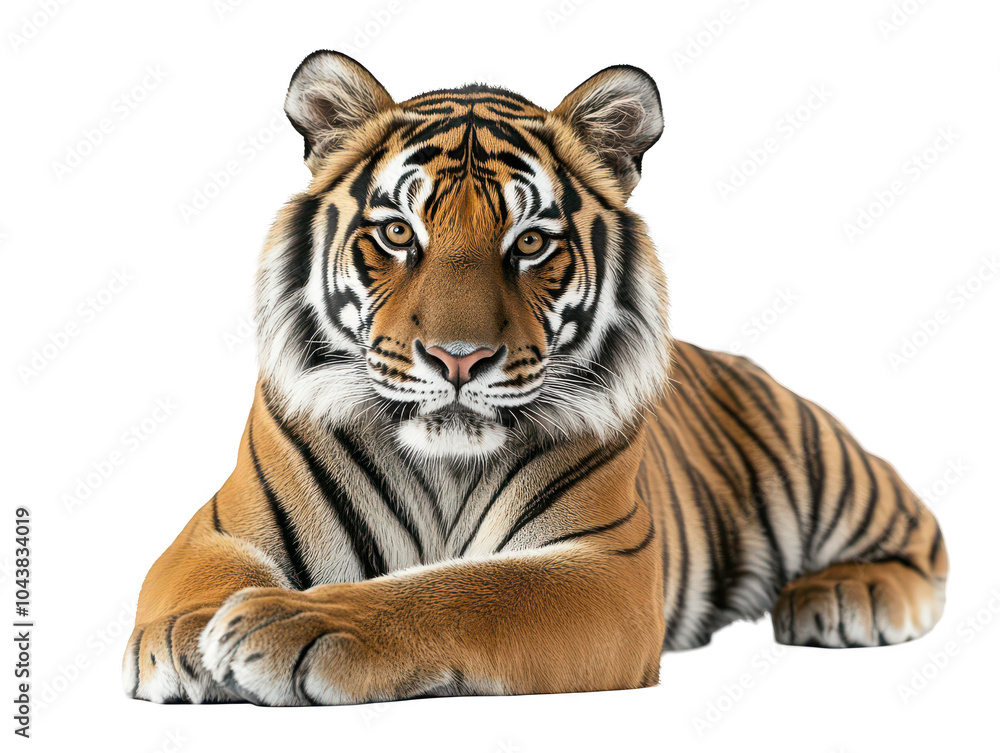 Fototapeta premium Majestic tiger lying down with piercing gaze and striking stripes.