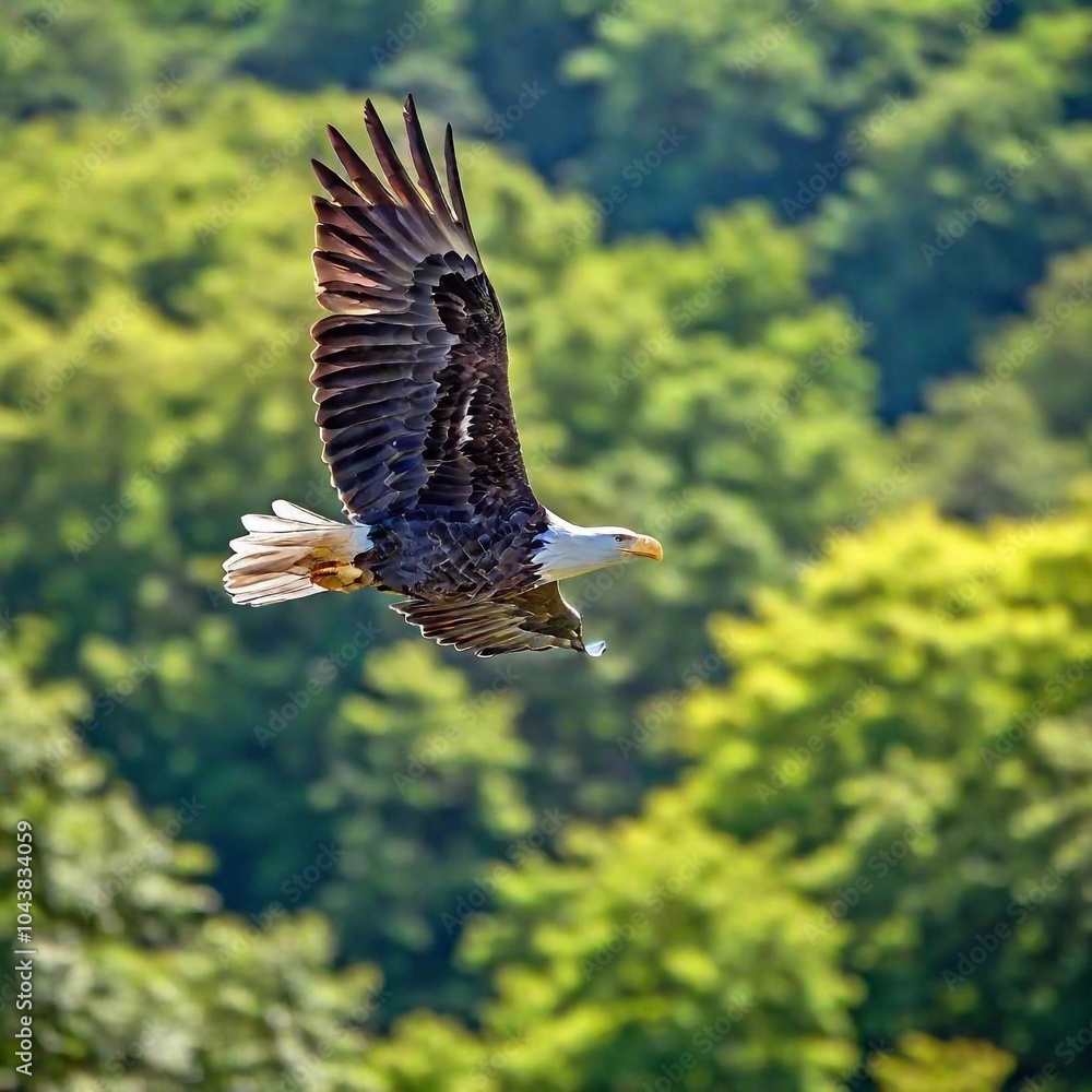 Fototapeta premium An eagle in flight with a dense forest canopy below
