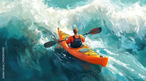 A man in an orange kayak paddling through the ocean, with waves gently lapping against the kayak, evoking a peaceful outdoor adventure scene. photo