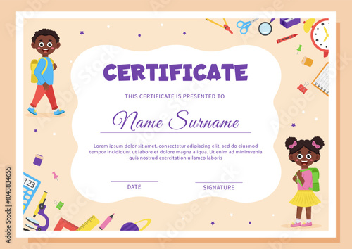 School diploma, certificate template with school supplies and schoolchildren.