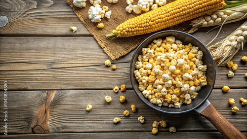 Prepared popcorn in frying pan with corn seeds in bowl and corncobs