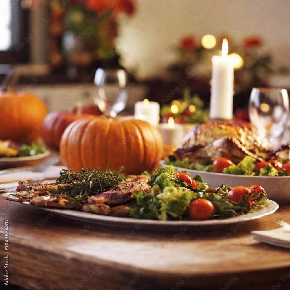 Thanksgiving dinner table setup, shown in a medium close-up with a rack focus. The composition highlights the variety of dishes and the artistic arrangement of the tableware. Thanksgiving dinner table setup, shown in a medium close-up with a rack focus. The composition highlights the variety of dishes and the artistic arrangement of the tableware.