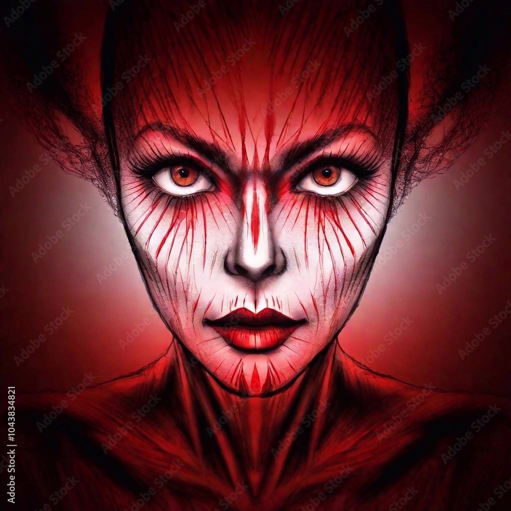 red sketch of a devil female in a spooky Halloween costume, seen in a medium long shot. The rack focus highlights the intricate lines of her costume, with the eye-level perspective adding a balanced red sketch of a devil female in a spooky Halloween costume, seen in a medium long shot. The rack focus highlights the intricate lines of her costume, with the eye-level perspective adding a balanced