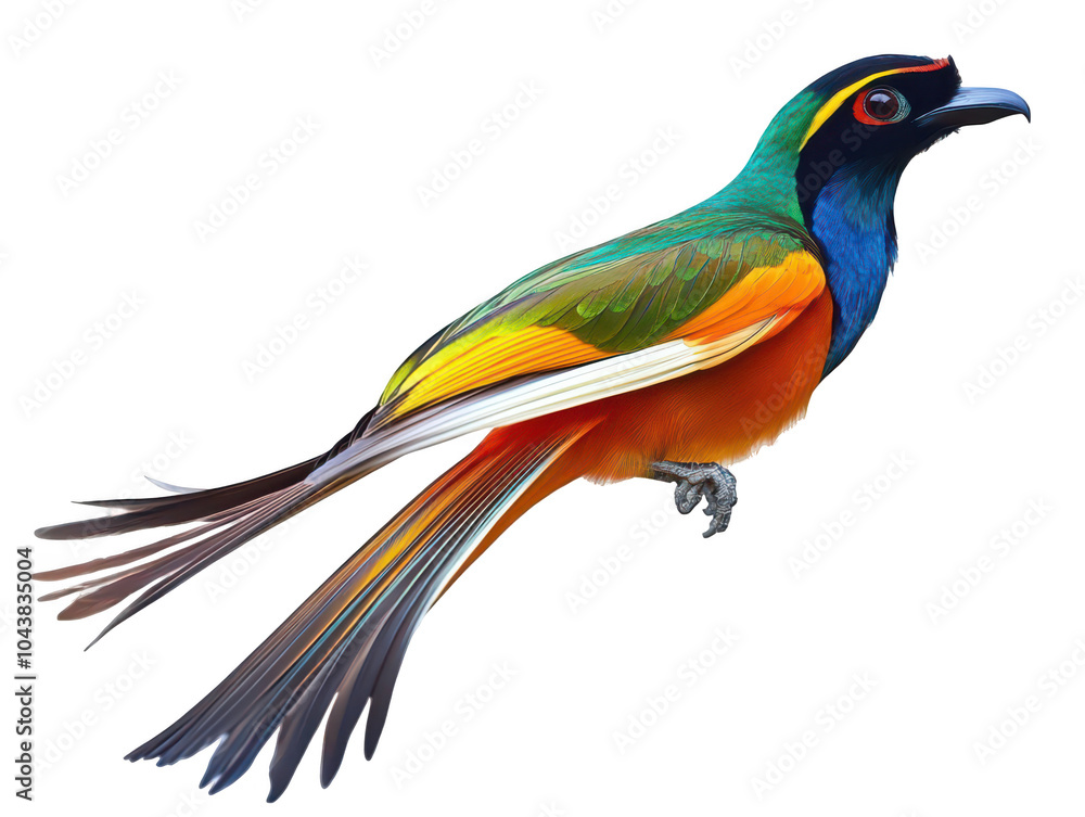 Fototapeta premium Vibrantly colored tropical bird with long tail feathers perched elegantly against a white backdrop.