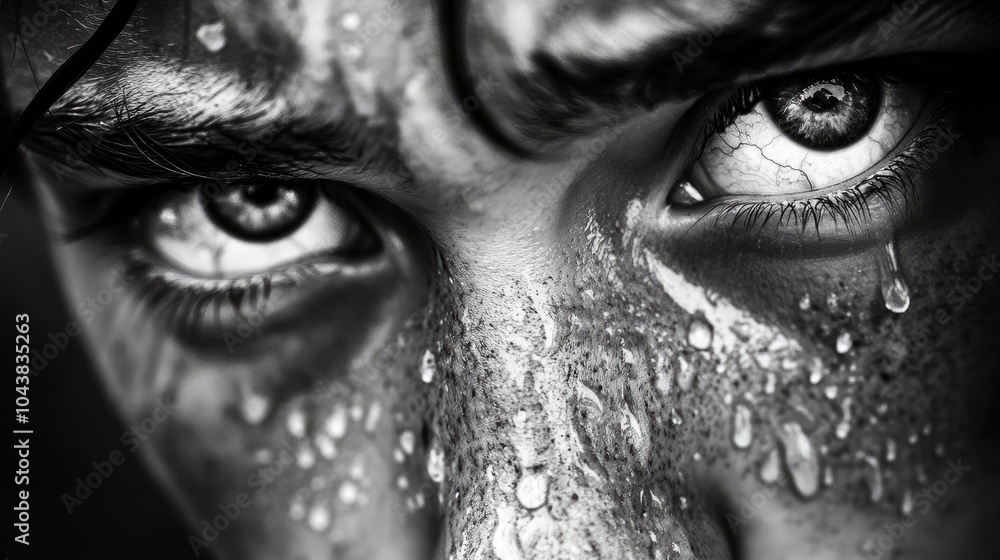A poignant close-up of a face with teary eyes in black and white, capturing the raw beauty of sadness and the depth of human emotion. A poignant close-up of a face with teary eyes in black and white, capturing the raw beauty of sadness and the depth of human emotion.