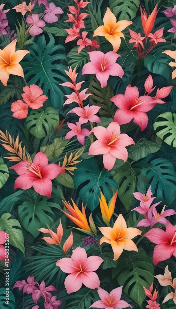 Tropical exotic pattern with animal and flowers in bright colors and lush vegetation Tropical exotic pattern with animal and flowers in bright colors and lush vegetation