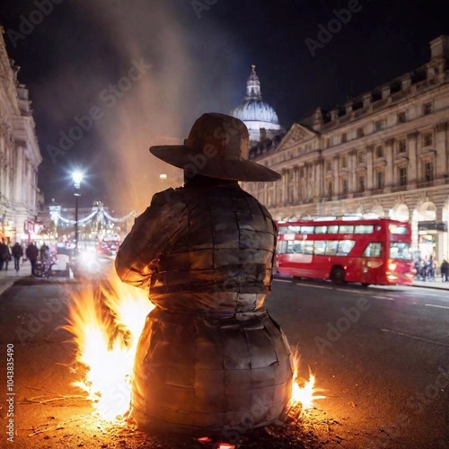 A view from behind a Guy Fawkes effigy burning on a large bonfire, with the lights of London busy streets and iconic double-decker buses passing by in the background photo